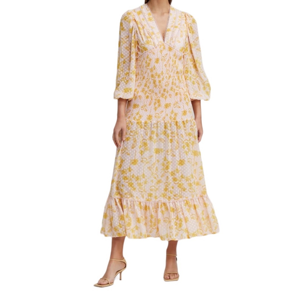 Significant Other "Bernadette" V-Neck Shirred Midi Dress in Pineapple Palm